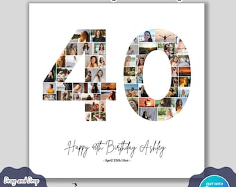 40. Geburtstag Fotocollage, 40. Geburtstagsgeschenk, Geburtstagszahl 40 druckbar, 40.00 Geburtstag Foto Collage Vorlage, bearbeitbarer 40. Geburtstag, einfach zu verwenden.