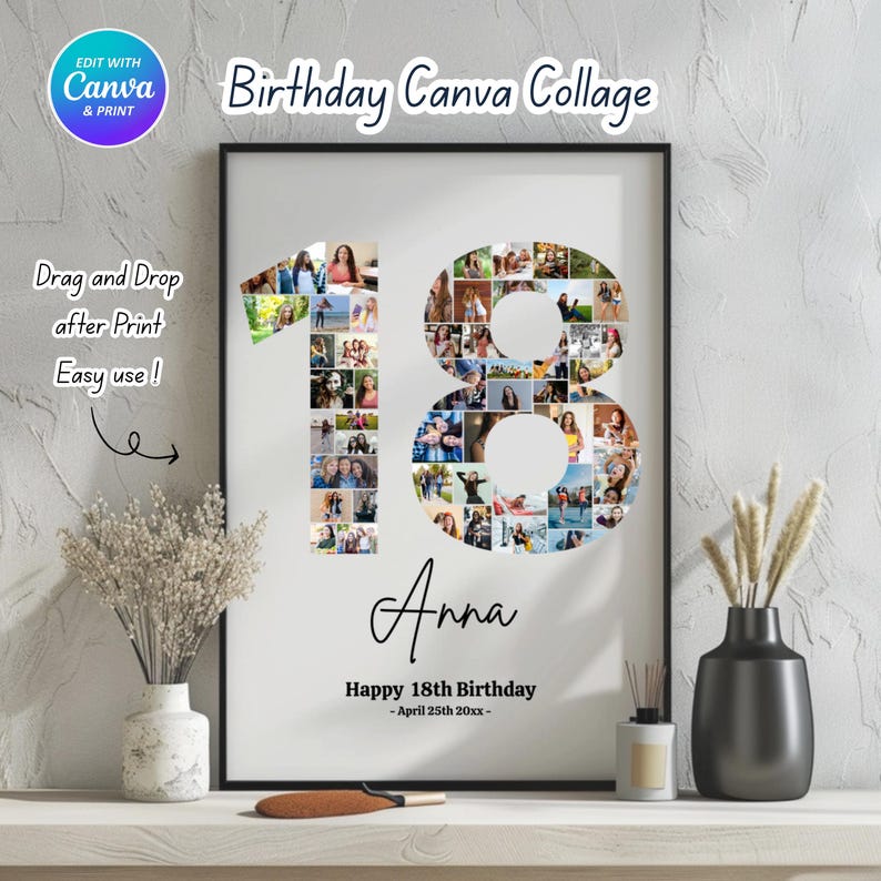 18th Birthday Photo Collage, 18th Birthday Gift, Birthday Number 18 ...