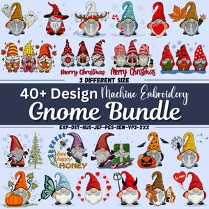 May include: A collection of colorful gnome designs for machine embroidery. The image features various gnomes with different hats, beards, and accessories, including pumpkins, hearts, and Christmas themes. Text includes "Merry Christmas" and "40+ Design Machine Embroidery Gnome Bundle."