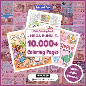 Peut inclure: Une collection de livres de coloriage numériques avec divers thèmes, notamment des designs cosy, effrayants et mignons. L'image présente un méga pack avec plus de 10 000 pages à colorier, disponibles en téléchargement numérique instantané. Les livres sont conçus pour Procreate, iPad et Canva.