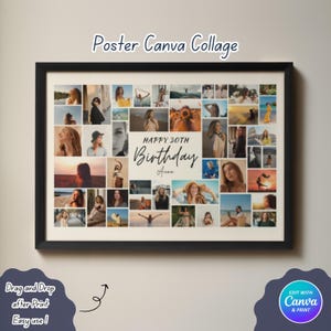 May include: A framed photo collage with a black border. The collage features multiple photos of a person, with the text "HAPPY 30TH Birthday Anna" in the center. The words "Poster Canva Collage" are at the top.
