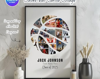 Puede incluir: Un collage de baloncesto enmarcado con forma de balón de baloncesto compuesto por fotos de acción. El texto dice "Basketball Canva Collage", "Drag and Drop after Print Easy use!" e incluye el nombre "JACK JOHNSON", "Team Name Here" y "Class of 2025."