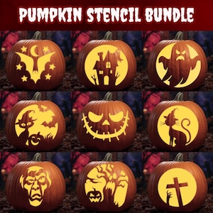 May include: Nine carved pumpkins with various Halloween-themed designs. The pumpkins are orange with yellow cut-out shapes including a bat, haunted house, ghost, cat, jack-o'-lantern face, witch, monster, spooky tree, and a cross. The text "PUMPKIN STENCIL BUNDLE" is at the top.