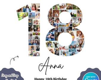 Collage de fotos para el 18.º cumpleaños, regalo para el 18.º cumpleaños, imprimible con el número 18, plantilla de collage de fotos para el 18.º cumpleaños, editable, fácil de usar.