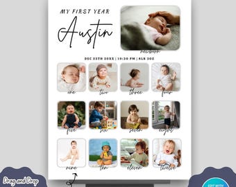 1st Birthday Milestone Photo Collage, 1st Birthday Gift, Birthday Number 1 Printable, 1st Photo Collage Template, Editable 1st Birthday