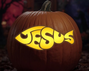 May include: A brown pumpkin with the word "JESUS" in a glowing yellow font. The pumpkin has a stem and is set against a blurred background. The text "PUMPKIN STENCIL" is above the pumpkin in red.
