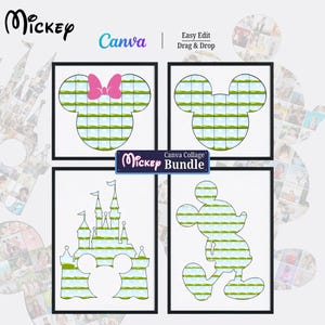 Könnte beinhalten: Vier gerahmte Collagen mit Silhouetten von Mickey Mouse und Minnie Mouse, einem Schloss und Mickey Mouse in Bewegung. Jedes Design ist mit einem Rastermuster aus grünen und blauen Bildern gefüllt. Die Collage oben links hat eine rosa Schleife. Der Text "Mickey" und "Canva" sind sichtbar.
