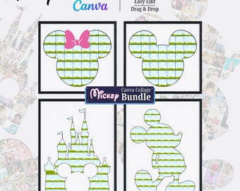 Canva Mickey Mouse Photo Collage Bundle. | Canva easy edit. create your 4 different mickey memories. Drag and Drop. Editable Canva Templete.