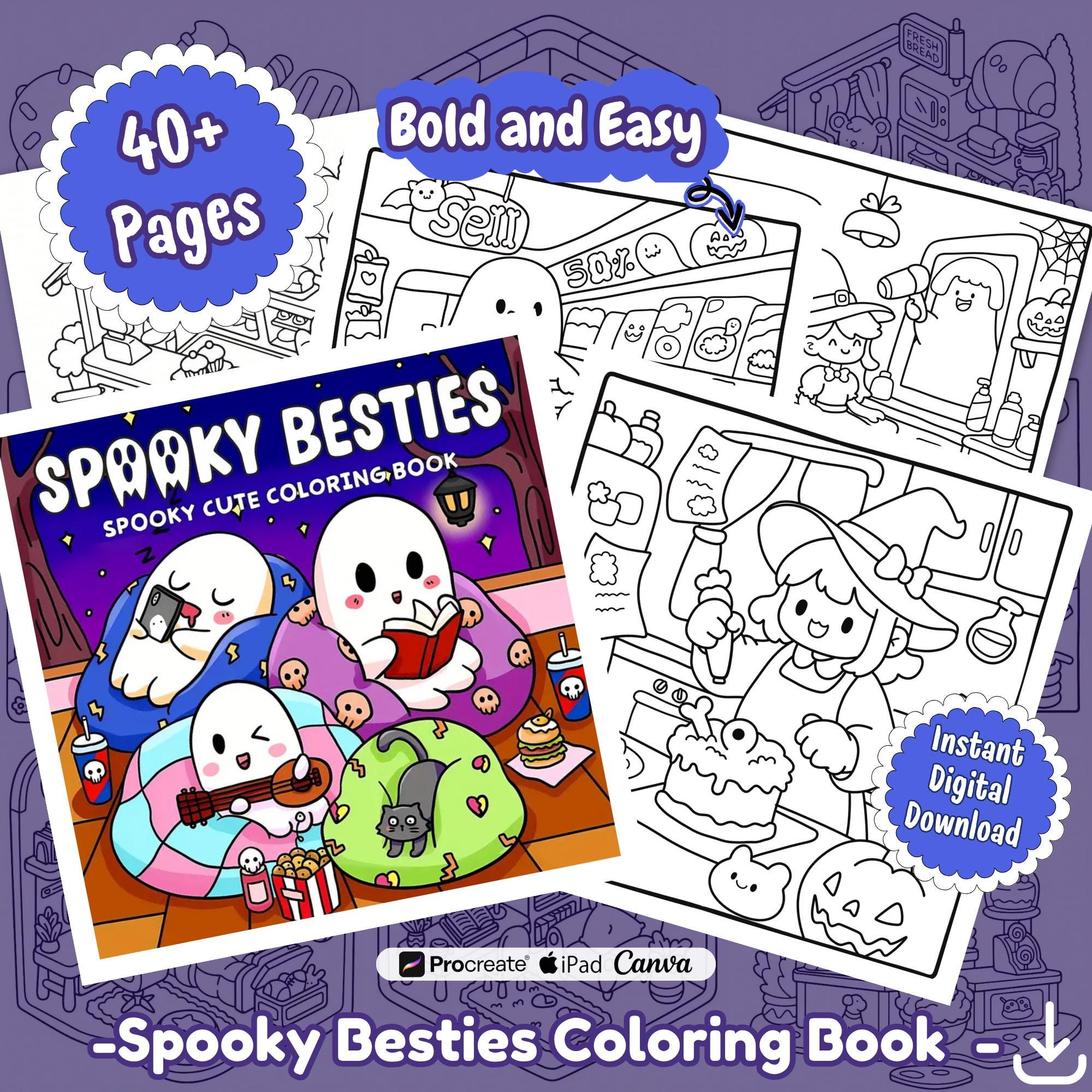 Spooky Besties Coloring Book – 40+ Cute Halloween Pages for Kids & Adults | Instant Download PDF & PNG
