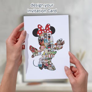 Puede incluir: Una tarjeta de invitaci&oacute;n blanca con una silueta de Minnie Mouse llena de varias fotos. La figura de Minnie Mouse tiene un lazo rojo con lunares blancos. El texto "design your Invitation Card" est&aacute; en la parte superior de la tarjeta.