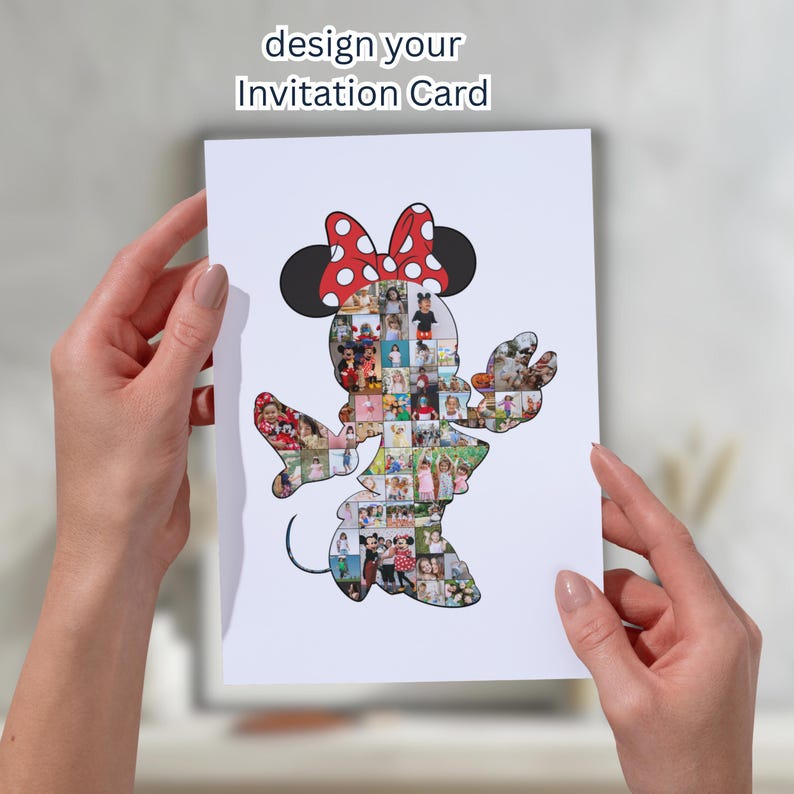 Puede incluir: Una tarjeta de invitaci&oacute;n blanca con una silueta de Minnie Mouse llena de varias fotos. La figura de Minnie Mouse tiene un lazo rojo con lunares blancos. El texto "design your Invitation Card" est&aacute; en la parte superior de la tarjeta.