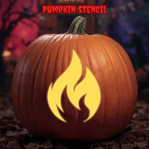 May include: A large orange pumpkin with a yellow flame stencil. The text "PUMPKIN STENCIL" is displayed in red at the top. The pumpkin sits on a bed of brown leaves, with a blurred background.