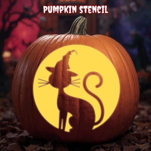 Pompoenstencil kat met heksenhoed – Spooky Halloween-snijsjabloon – Jack O’ Lantern-ontwerp – digitale download
