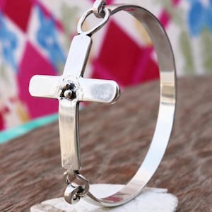 Handmade Silver Cross Bangle Rustic Cross Bracelet Religious Jewelry Gift Unisex Faith BangleMinimalist