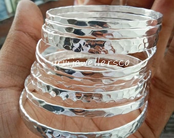 Hammered 925 Sterling Silver Bangle Set Of 9, Stackable Bracelet Textured Bracelets Gift Jewelry