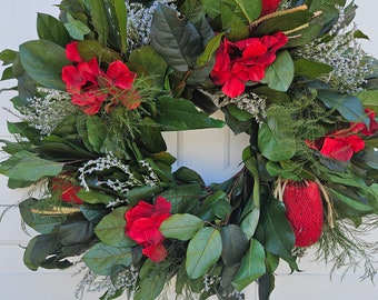 Preserved Salal Wreath  Mother's Day Gift Summer Wreath  Protea Wreath Red Hydrangea Wreath Front Door Wreath