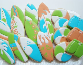 Surf boards, shorts and beach balls-sugar cookies