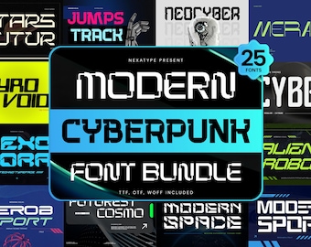 Futuristisches Schriftenpaket: 25 Cyberpunk, Scifi, Mecha Schriften