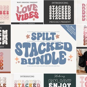 May include: A digital graphic design bundle featuring various typography styles with wavy, stacked, and bubble lettering. The collection includes phrases like Love Vibes, Stacked, Lorem, Dream, Spilt Stacked Bundle, Twist, Bubble, Enjoy, and Tokyo in diverse color palettes.