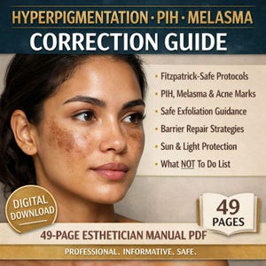 May include: A digital download cover for a 49-page esthetician manual. The cover features a woman with hyperpigmentation and the title "Correction Guide." Bullet points list topics like safe exfoliation and sun protection. The text also includes "Digital Download."