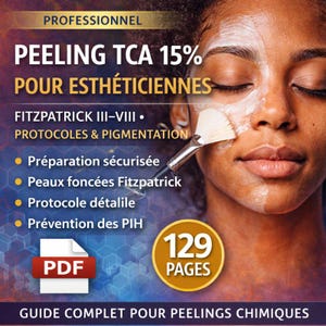 May include: A promotional image for a chemical peel guide. The image features a person with a facial treatment applied to one side of their face. Text includes "PEELING TCA 15%" and "GUIDE COMPLET POUR PEELINGS CHIMIQUES". A PDF icon and "129 PAGES" are also visible.