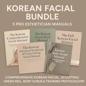 Può includere: Un pacchetto di cinque manuali per estetiste con titoli come "Korean Facial", "Green Peel" e "Body Scrub". I manuali sono di vari colori e presentano testi come "Comprehensive Korean Facial" e "Training Protocols PDF."