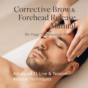 May include: A man with closed eyes receiving a forehead massage. The image includes text that reads "Corrective Brow & Forehead Release Manual" and "Advanced 11-Line & Tension Release Techniques."