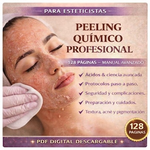Może przedstawiać: Okładka książki z tytułem "PEELING QUÍMICO PROFESIONAL" i tekstem "PARA ESTETICISTAS". Obraz przedstawia twarz kobiety z peelingiem chemicznym. Okładka zawiera również tekst "128 PÁGINAS ~ MANUAL AVANZADO".