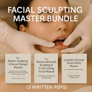Könnte beinhalten: Das Bild zeigt ein Gesicht einer Frau, an dem mit behandschuhten Händen Gesichtsbildungstechniken durchgeführt werden. Der Text "FACIAL SCULPTING MASTER BUNDLE" steht oben. Drei Handbücher sind unten: "The Holistic Sculpting & Buccal Therapy Manual", "The Korean Advanced Sculpting & V-Line Litting Facial Manual" und "Lymphatic Drainage Facial & Body Manual".