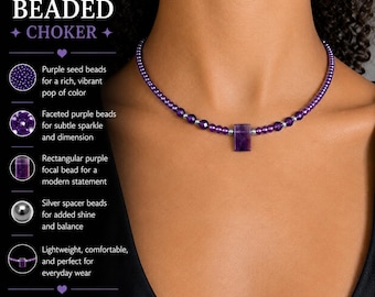 Handmade Amethyst Beaded Choker Necklace | Purple Gemstone Choker | Minimalist Crystal Necklace | Handmade Seed Bead Jewelry | Gift for Her