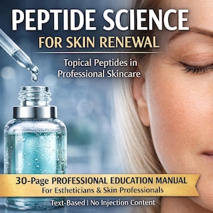 May include: An advertisement for a skincare product featuring a close-up of a woman's face and a bottle of serum. The text reads "PEPTIDE SCIENCE FOR SKIN RENEWAL" and "30-Page PROFESSIONAL EDUCATION MANUAL". The bottle contains a blue liquid.