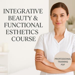 May include: A woman in a white uniform stands with arms crossed, with text that reads "INTEGRATIVE BEAUTY & FUNCTIONAL ESTHETICS COURSE." A circular graphic states "PROFESSIONAL TRAINING PDF."