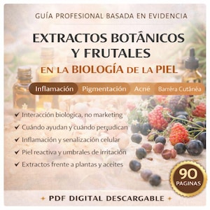 Könnte beinhalten: Titelbild eines digitalen PDF-Buches mit dem Titel "EXTRACTOS BOTÁNICOS Y FRUTALES EN LA BIOLOGÍA DE LA PIEL". Das Cover enthält Text über Hautbiologie, botanische Extrakte und Fruchtextrakte. Es zeigt auch Bilder von Beeren und ätherischen Ölflaschen.