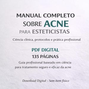 Może przedstawiać: Cyfrowy przewodnik PDF zatytułowany "MANUAL COMPLETO SOBRE ACNE PARA ESTETICISTAS" o 135 stronach. Przewodnik jest przeznaczony dla kosmetyczek i obejmuje naukę kliniczną, protokoły i praktykę zawodową. Profesjonalny przewodnik oparty na nauce.