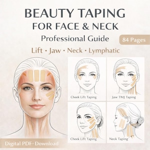 Op de afbeelding: Een professionele gids getiteld "BEAUTY TAPING FOR FACE & NECK" met illustraties die gezichts- en nek-tapingtechnieken demonstreren. De gids bevat 84 pagina's en behandelt lift, kaak, nek en lymfatische gebieden. Digitale PDF-download.