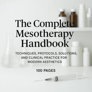 May include: A white background with a book titled "The Complete Mesotherapy Handbook." The book's subtitle reads "Techniques, Protocols, Solutions, and Clinical Practice for Modern Aesthetics." A syringe and various bottles are also visible.