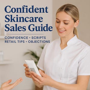 May include: A woman in a white uniform holds a skincare product, smiling. The image features the text "Confident Skincare Sales Guide" in navy blue, with supporting text below: "CONFIDENCE • SCRIPTS RETAIL TIPS • OBJECTIONS".