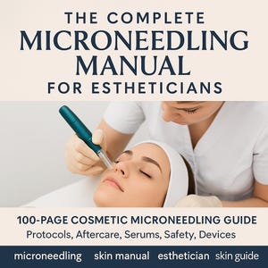 Könnte beinhalten: Ein kosmetischer Microneedling-Leitfaden für Kosmetikerinnen. Das Bild zeigt eine Frau, die eine Microneedling-Behandlung erhält. Der Text auf dem Bild lautet "THE COMPLETE MICRONEEDLING MANUAL FOR ESTHETICIANS" und "100-PAGE COSMETIC MICRONEEDLING GUIDE".