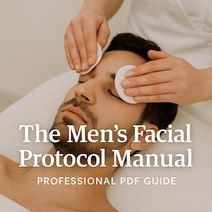 Könnte beinhalten: Eine Person erhält eine Gesichtsbehandlung, wobei weiße Wattepads auf die Augen gelegt werden. Der Text auf dem Bild lautet "The Men's Facial Protocol Manual" und "PROFESSIONAL PDF GUIDE".