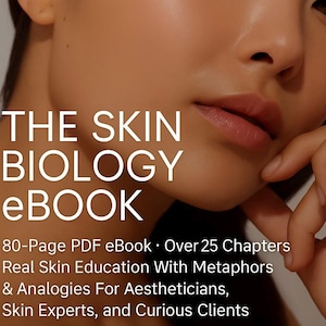 May include: Image features the text "THE SKIN BIOLOGY eBook" in white, with additional text below describing an 80-page PDF with chapters on skin education. The image shows a close-up of a person's face and hand.