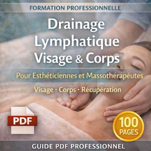 以下が含まれることがあります： 「Drainage Lymphatique Visage & Corps」というタイトルの専門的なPDFガイド。テキストは「Pour Esthéticiennes et Massothérapeutes」です。画像は、フェイシャルマッサージを受けている人を示しています。ガイドは100ページです。