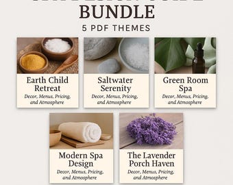 Puede incluir: Un paquete de guías de diseño de spa con cinco temas en PDF. Los temas incluyen Earth Child Retreat, Saltwater Serenity, Green Room Spa, Modern Spa Design y The Lavender Porch Haven. Cada tema presenta detalles de decoración, menús, precios y ambiente.
