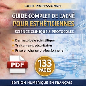 以下が含まれることがあります： 「GUIDE COMPLET DE L'ACNÉ POUR ESTHÉTICIENNES」というタイトルのフランス語のデジタルPDFガイド、133ページ。表紙にはニキビ治療と科学的皮膚科に関するテキストが記載されています。PDFアイコンは赤と白です。