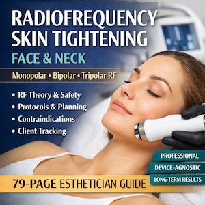 May include: An esthetician guide cover with the title "Radiofrequency Skin Tightening Face & Neck". The image shows a woman receiving a facial treatment. The guide includes information on RF theory, protocols, and client tracking. The guide is 79 pages.