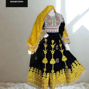 Black Velvet Afghan Kuchi Dress: Handmade Cherma Embroidery, Tribal Festival Wear