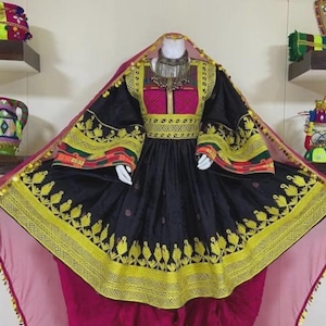 Afghan Kuchi Dress Black | Handmade Cherma Embroidery | Vintage Chestpiece | Traditional Afghan Gown | Ethnic Boho Attire | Festival Folk Dr