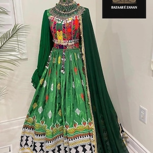 Embroidered Afghan Kuchi Dress: Vibrant Green Ethnic Gown with Statement Necklace