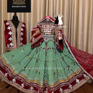 Boho Tribal Gown | Afghan Kuchi Dress | Coin Mirror Embellished Bodice | Red Velvet Embroidery | Traditional Festival Attire