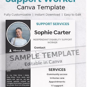 May include: A Canva template for an NDIS Support Worker, featuring a portrait of a woman, Sophie Carter, and a list of services including community access and in-home care. The template is fully customisable and easy to edit.