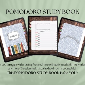 May include: Three digital tablets displaying a Pomodoro Study Book. The tablets have a wooden background. The text on the tablets reads "POMODORO STUDY BOOK". The tablets have a light blue cover with a white label and a stack of books. The text at the bottom reads "Do you struggle with staying focused?"